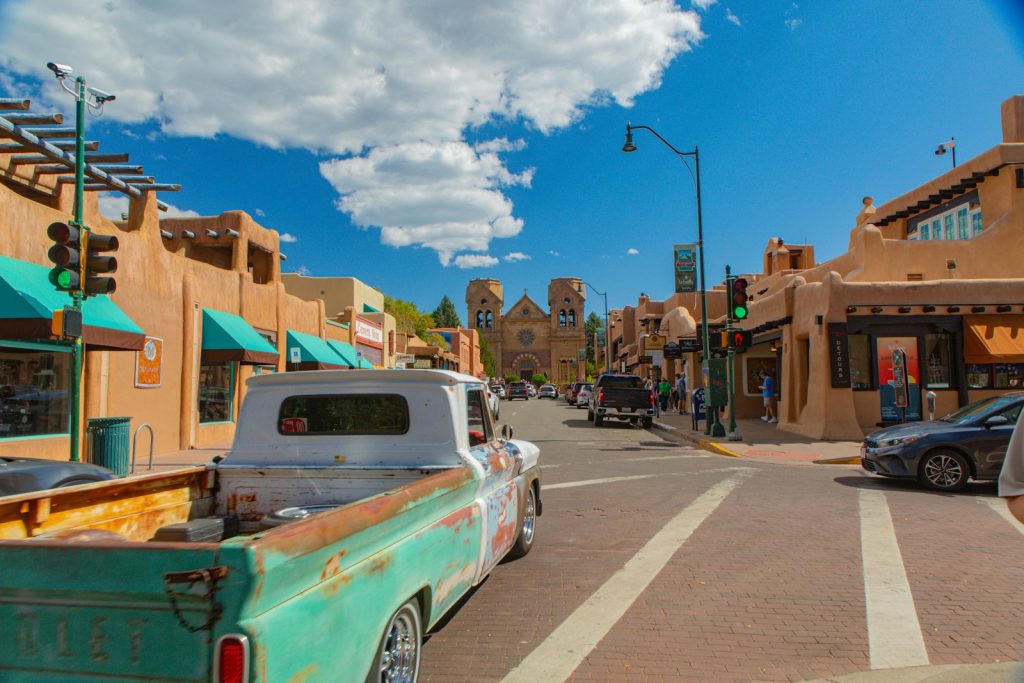 Adobe-lined street in Santa Fe, New Mexico